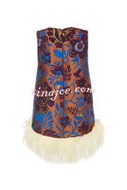 Emina Floral Feather Trim Trapezoidal Silhouette Asymmetrical Hem Top