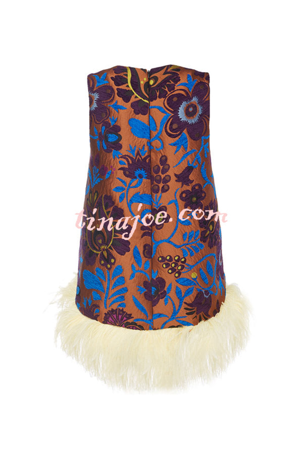 Emina Floral Feather Trim Trapezoidal Silhouette Asymmetrical Hem Top