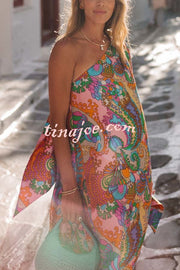Rainbow Breeze Satin Unique Print Bow One Shoulder Loose Maxi Dress