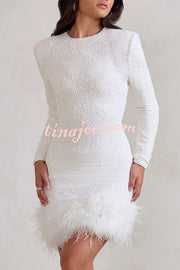 Party Must-have Sequin Long Sleeve Feather Trim Stretch Mini Dress