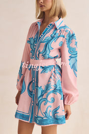 Botanical Print Lapel Puff Sleeve Vintage Belt Loose Mini Dress