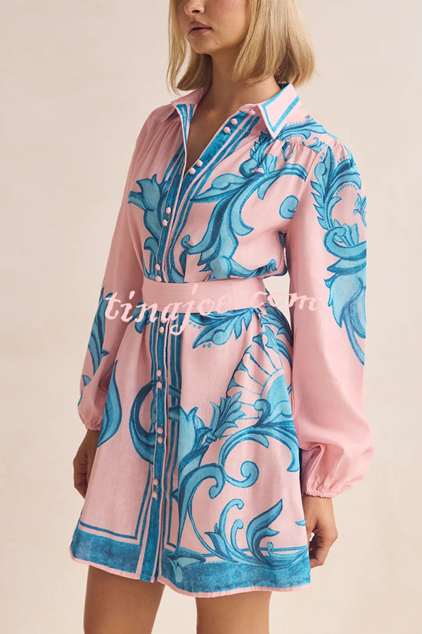 Botanical Print Lapel Puff Sleeve Vintage Belt Loose Mini Dress