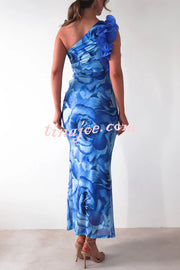 Floral Print Sleeveless 3D Flower One Shoulder Slim Maxi Dress