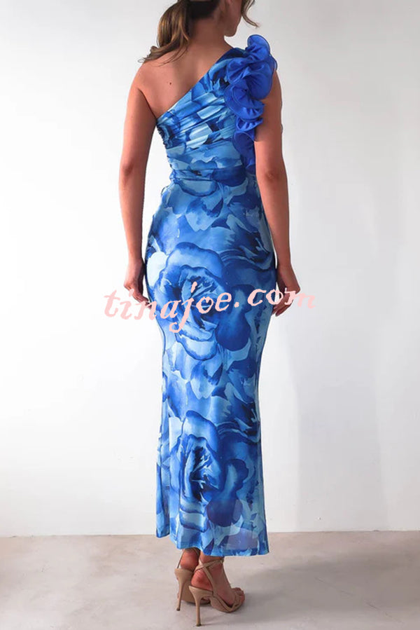 Floral Print Sleeveless 3D Flower One Shoulder Slim Maxi Dress
