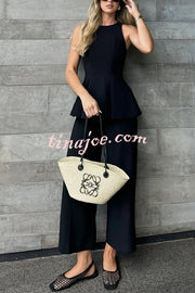 Solid Color Round Neck Sleeveless Casual Top and Loose Straight Pants Set