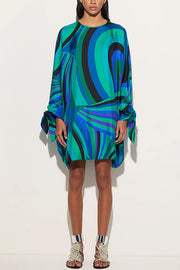 Micah Satin Unique Print Slit Tie-up Sleeve Shift Kaftan Mini Dress