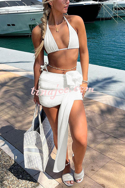 Solid Color Sexy Lace-Up Stretch Two-Piece Bikini Swimsuit and Flower Decorated Beach Mini Skirt Set