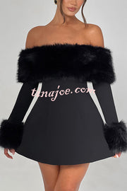 Cute and Luxe Faux Fur Trim Off Shoulder Bubble Shaped Mini Dress