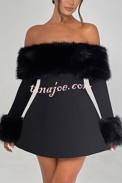 Cute and Luxe Faux Fur Trim Off Shoulder Bubble Shaped Mini Dress