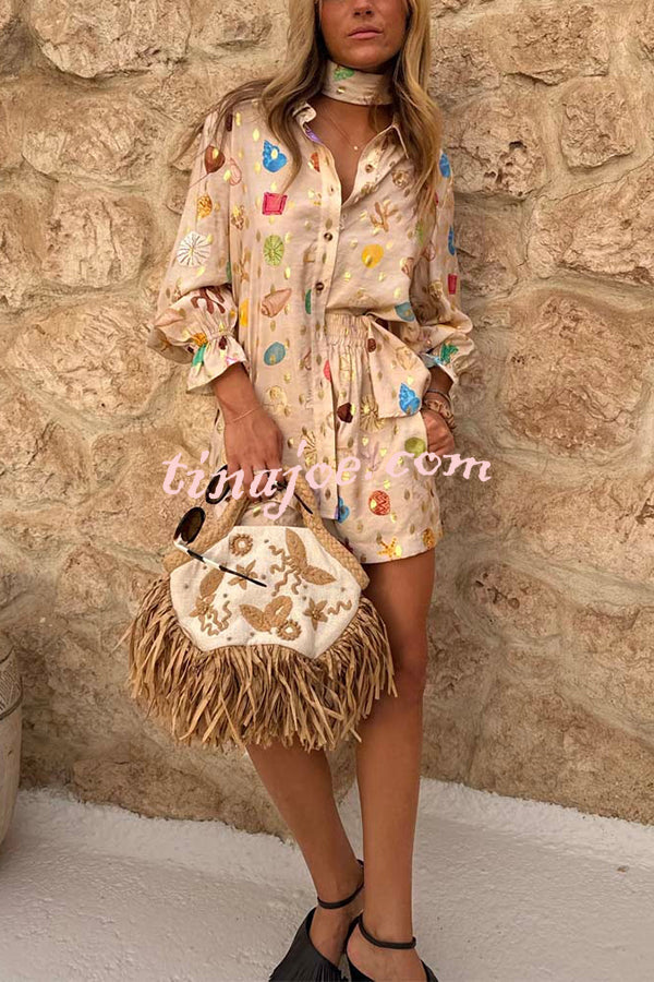 Fashionable Gold Stamping Unique Printing Lapel Long Sleeve Shirt and Elastic Waist Casual Pocket Shorts Set