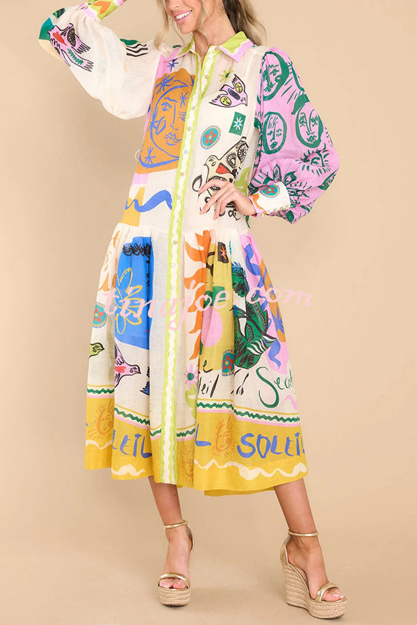 Boldness and Art Unique Print Balloon Sleeve Patchwork Shirt Midi Dress