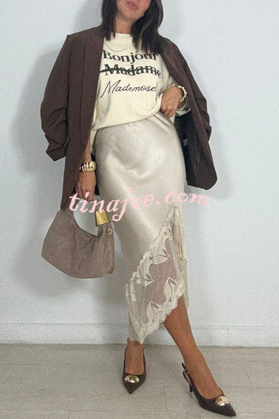 Rolen Satin Lace Patchwork Elastic Waist Irregular Hem Midi Skirt