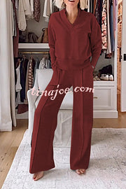 Weather Gets Cold Solid Color V-neck Top and Elastic Waist Pocketed Lounge Pants Set