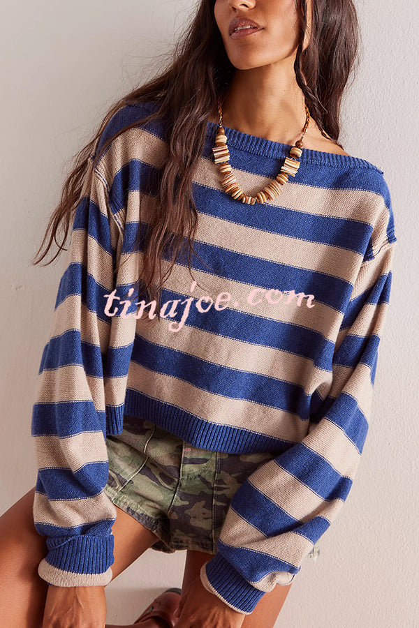 Striped Print Crew Neck Long Sleeve Loose Knitted Sweater