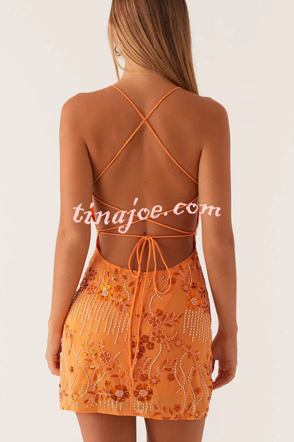 Looking Amazing Sequin Beaded Material Back Lace-up Cami Mini Dress