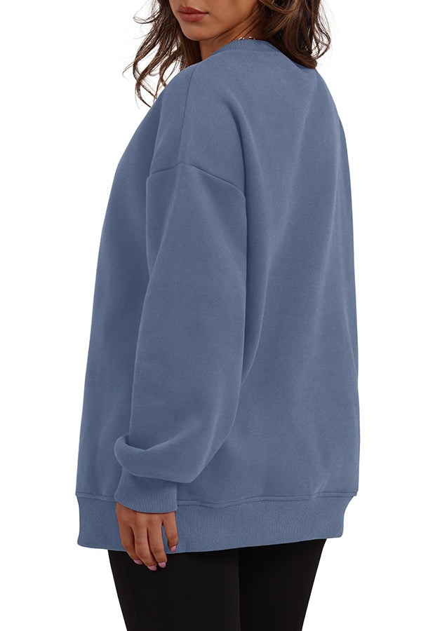 Solid Color Round Neck Pocket Loose Warm Long Sleeve Sweatshirt