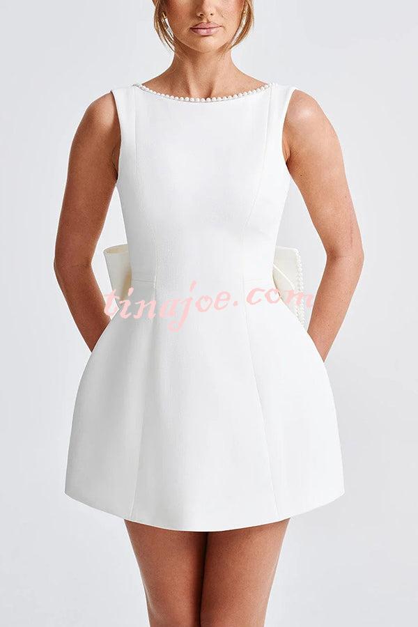 Stylish Pearl-embellished Large Bow Slim-fit Mini Dress