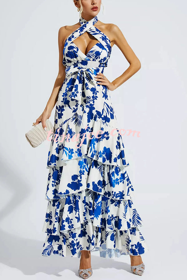 Gorgeous Styling Botanical Print Halter Neck Open Back Tiered Hem Maxi Dress