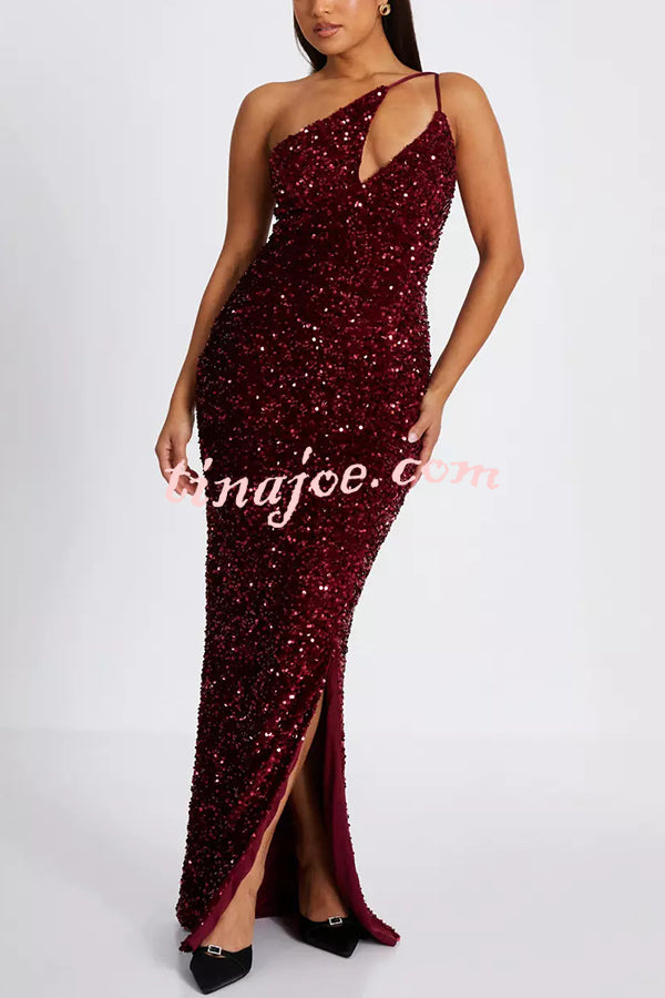 Glam Day Velvet Sequin One Shoulder Cutout Detail Slit Stretch Maxi Dress