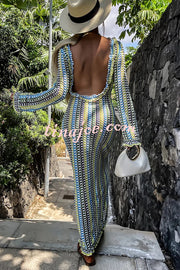 Ruffled Backless Long-sleeved Wavy Striped Beach Resort Maxi Dress