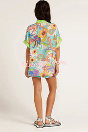 Unique Printed Short-sleeved Casual Loose Shirt and Elastic Waist Drawstring Pocket Shorts Set