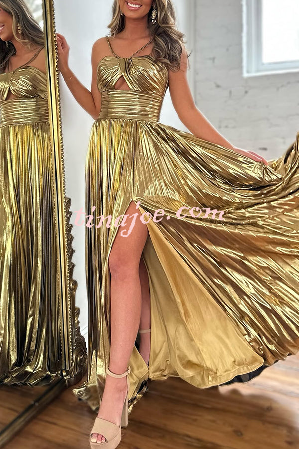 Queen Style Metallic Fabric Cross Neck Cutout Slit Pleated Maxi Dress