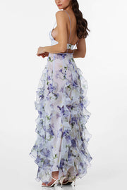 Sunrise Goddess Chiffon Roses Print Ruffles Tiered Trim Maxi Dress