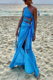 As Beautiful As The Sky Side Waist Ring Hollow Design Slit Vacation Maxi Dress