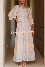 Linen Blend Lapel Puff Sleeve Casual Waist Belted Maxi Dress