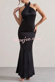Solid Color Halter Neck Tie Sexy Backless Slim Maxi Dress