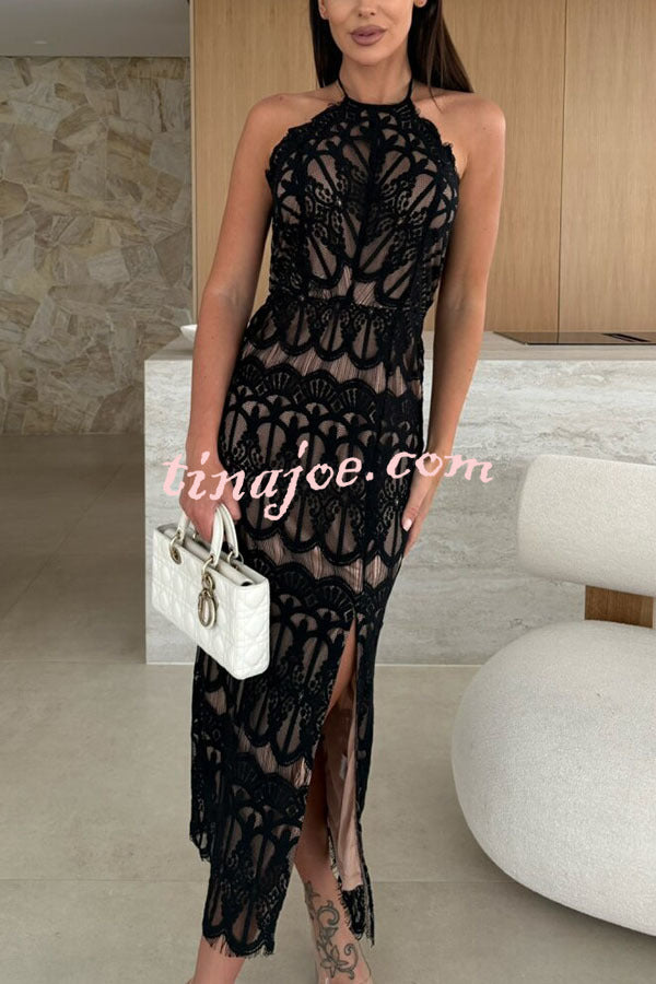 Paulette Unique Lace Halter Backless Slit Stretch Midi Dress