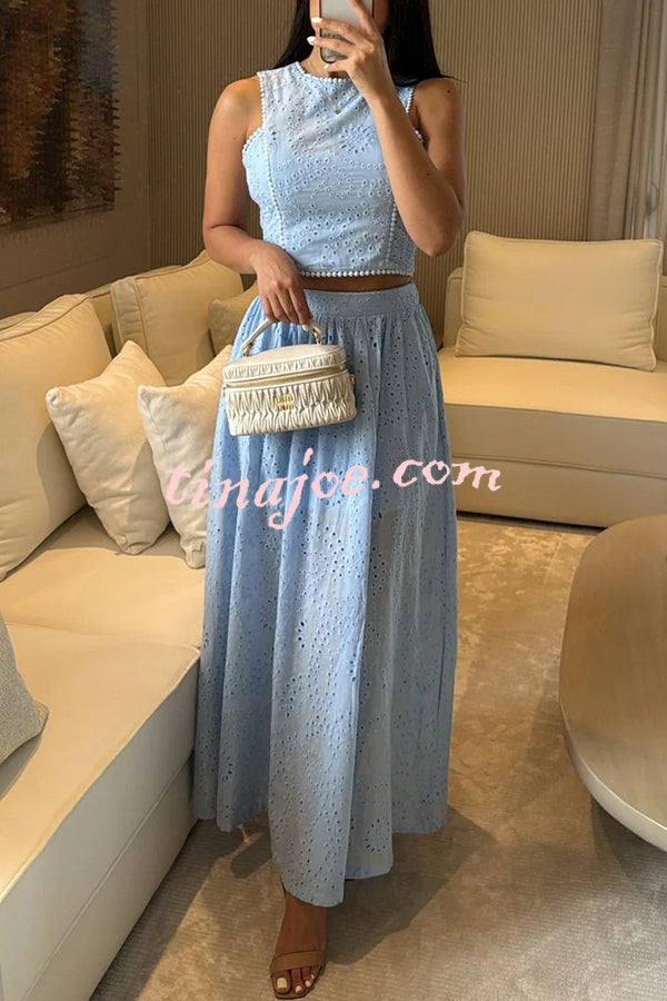 Kaya Embroidery Hollow Lace Back Smocked Tank and Elastic Waist A-line Maxi Skirt Set