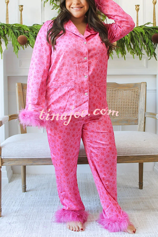 Christmas Besties Party Printed Feather Trim Elastic Waist Pocketed Pajama Set