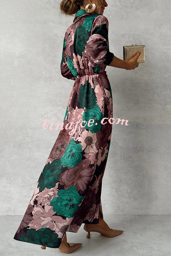 Floral Print Lapel Waisted Lace-up Long-sleeve Maxi Dress