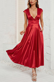 Satin Solid Color Sleeveless V-neck Pocket Maxi Dress