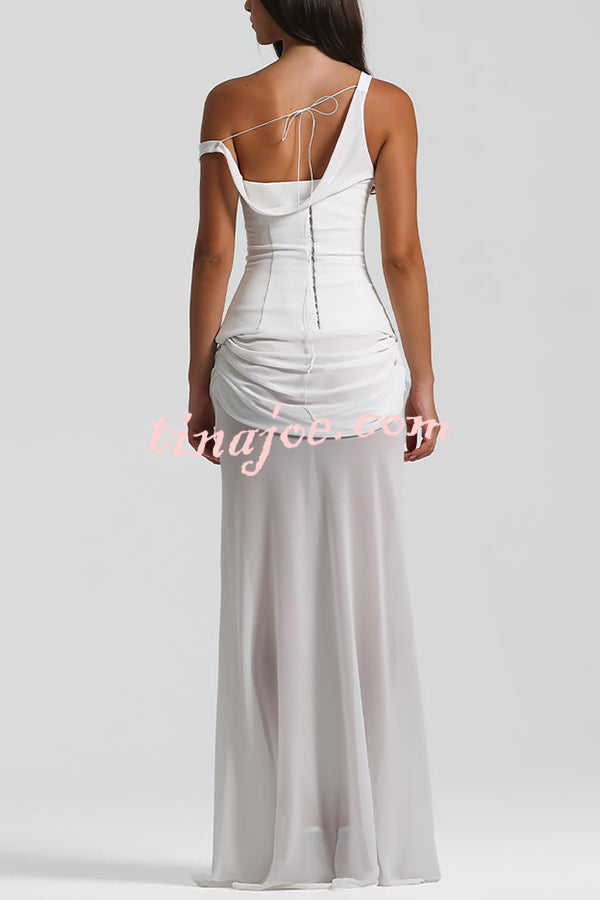 Sculptural Elegance One Shoulder Removable Corset Drape Maxi Dress