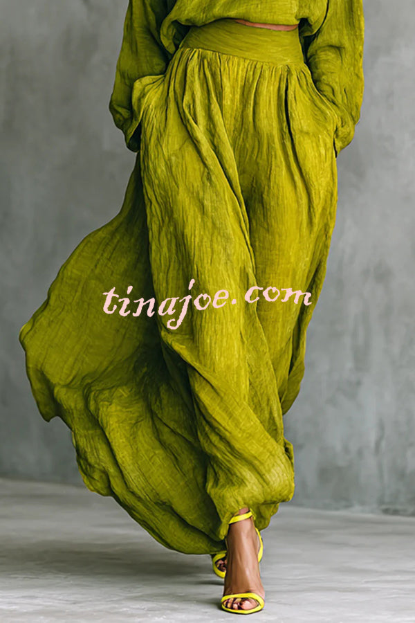 Linen Blend Solid Color Loose Long-sleeved Top and High-waisted Casual Pocket Maxi Skirt Set