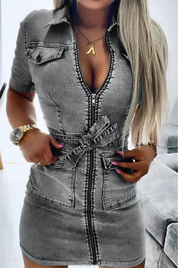 Tie Waist Zipped Pocket Denim Mini Dress