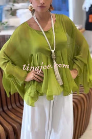 Romantic Journey Chiffon Ruffle Batwing Sleeve Top and Elastic Waist Pocket Loose Pants Set