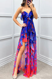 Loving Moment Gradient Unique Print Flowing Layered Ruffles Strapless Slit Maxi Dress