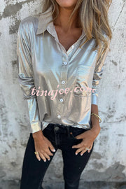 Holiday Look Solid Metallic Loose Pocket Button-down Blouse