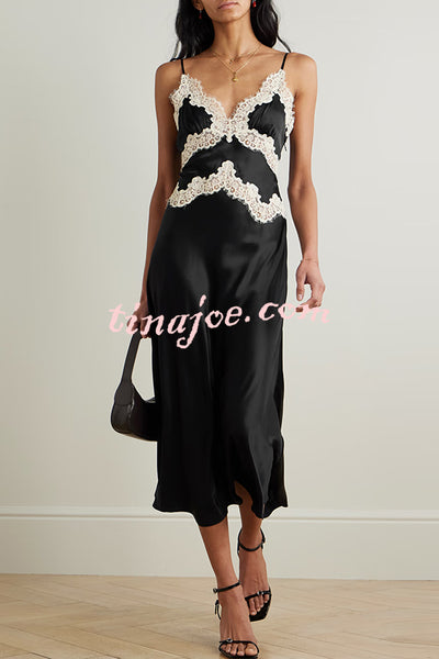 Dreaming of You Contrast Color Satin Lace Trim Back Tie-up Slip Midi Dress