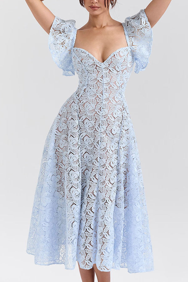 Romantic Atmosphere Bluebell Lace Butterfly Sleeve Sweetheart Neck Stretch Midi Dress