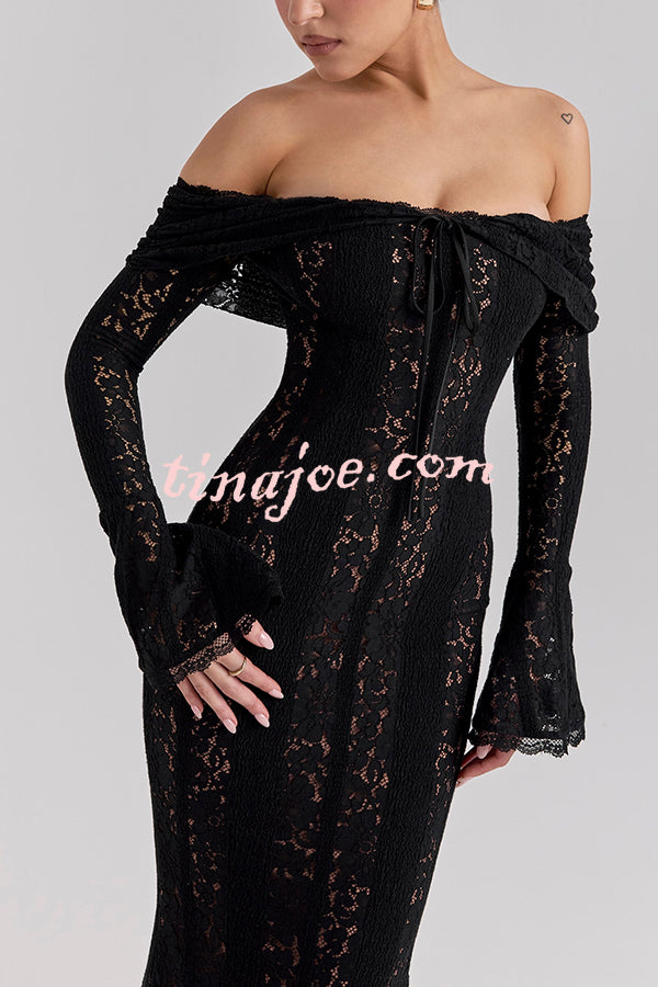 Outline The Curve Floral Lace Off Shoulder Bell Sleeve Stretch Maxi Dress