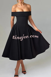 Princess Temperament Batdot Neck Pleat Detail Midi Dress