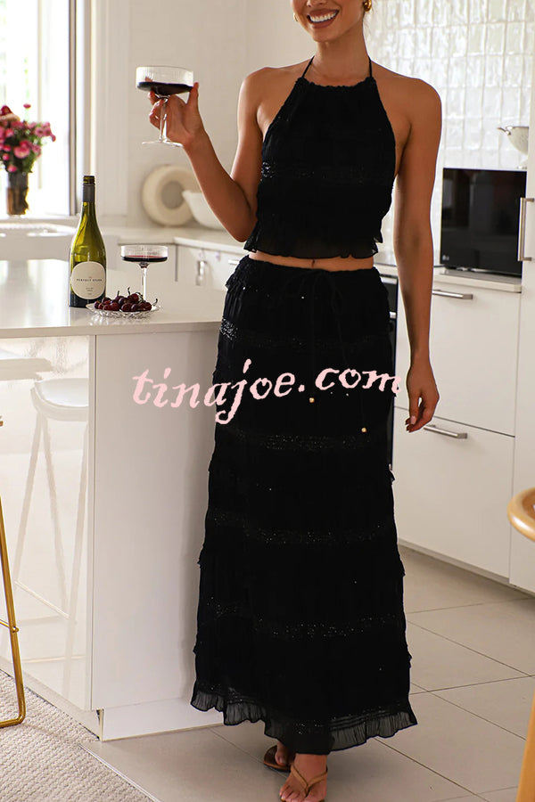 Feel Chic and Romantic Sequin Textured Material Drawstring Waist Tiered Maxi Skirt