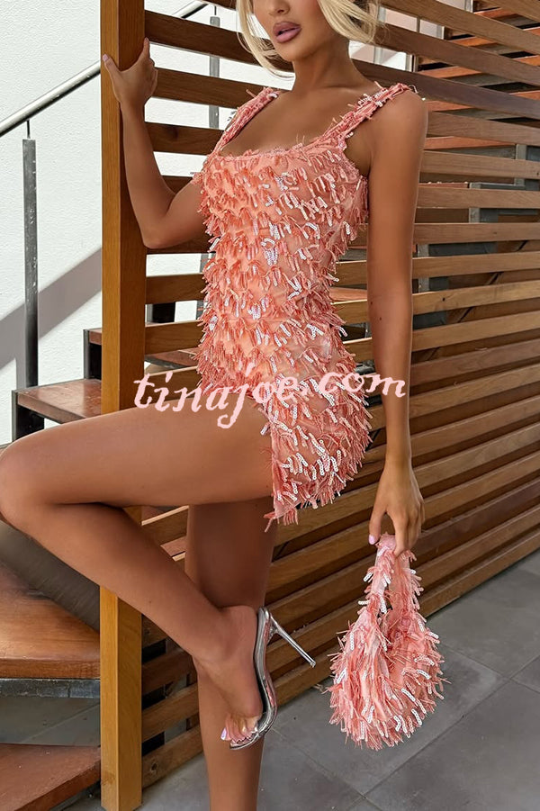 Sexy Square Neck Open Back Sequined Tassel Slim Mini Dress