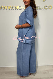 Fashionable V-neck Short-sleeved Loose Top and Elastic Waist Casual Wide-leg Pants Set