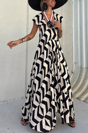 Fresh Breeze Ethnic Unique Print Ruffle Sleeve A-line Maxi Dress