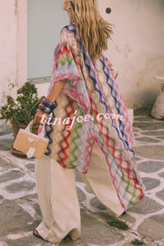Sun Washed Knit Colorful Zigzag Pattern Asymmetric Hem Loose Cover-ups Kaftan